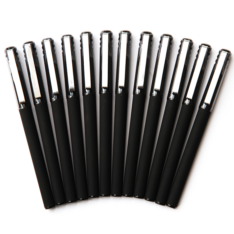 得力S37中性笔黑色0.5mm 子弹头磨砂杆金属笔夹办公签字笔12支/盒
