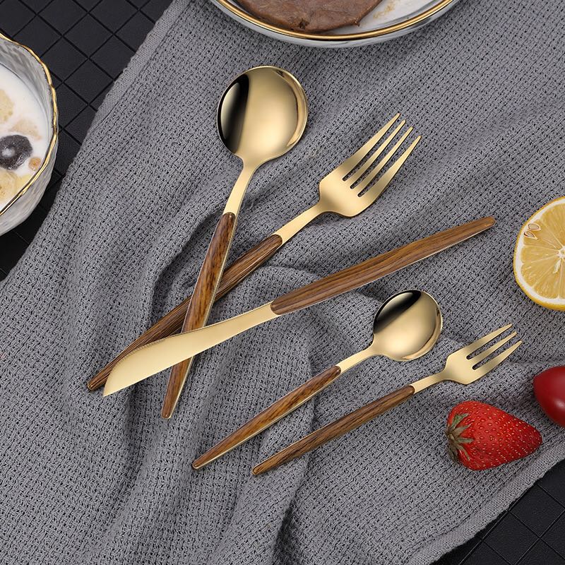 网红西班牙餐具套装仿木西餐金色/银色刀叉