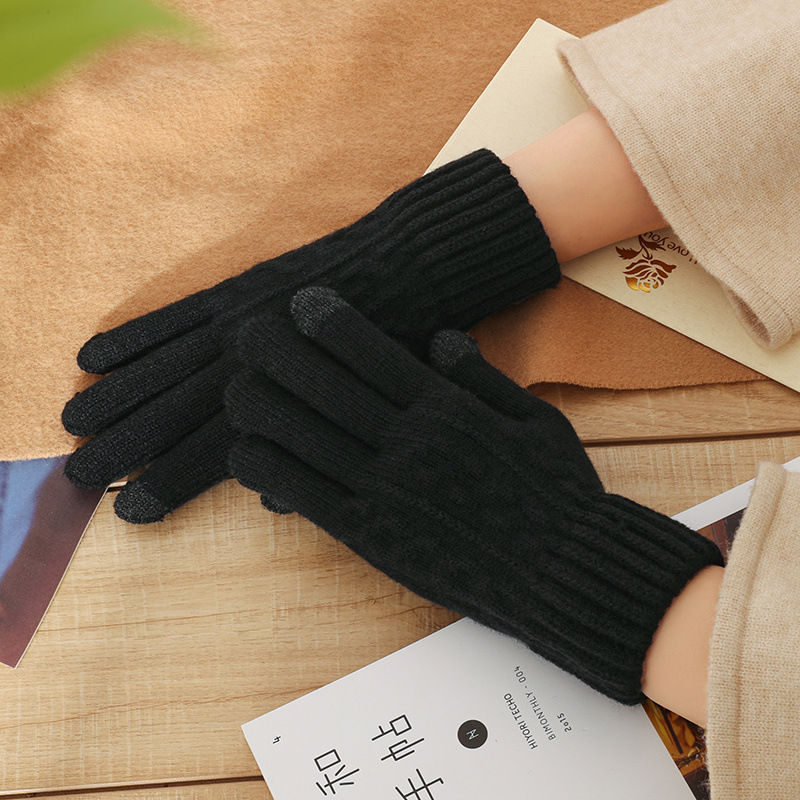 【优品汇】冬季触屏手套针织保暖加厚加绒毛骑车五指双纽花手套 K2