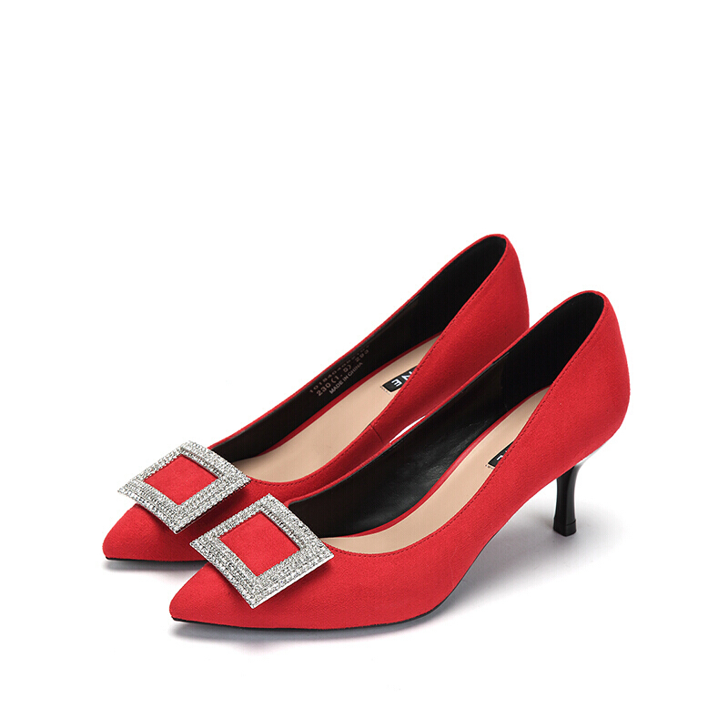 达芙妮（Daphne）高跟鞋 浅口尖头婚宴高跟时尚方扣钻饰 红色