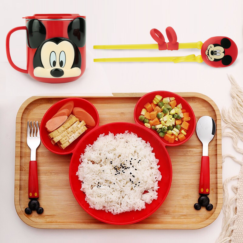 迪士尼儿童餐具5件套 宝宝辅食卡通餐盘带盖单柄水杯碗筷子勺子叉子
