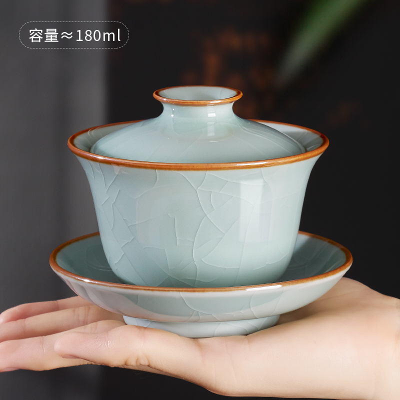 汉唐青瓷三才盖碗大号开片陶瓷单个泡茶碗防烫中式景德镇功夫茶具